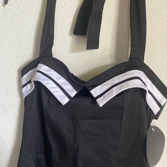 Collectif Retro Sailor Halter Rockabilly Straight Pencil Pin Up Black Dress 10 - Picture 11 of 16